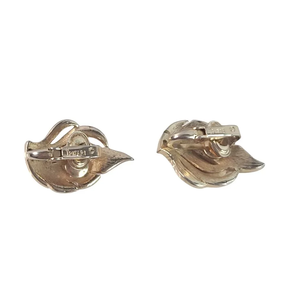 Vintage Crown Trifari 10k Gold Plated Leaf Clip Earrings Signed